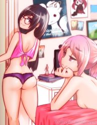Rule 34 | 2girls, akemi homura, ass, back, bare arms, bare legs, bare shoulders, black hair, breast press, breasts, butt crack, caffeccino, charlotte (madoka magica), crop top, eyebrows, from behind, from side, glasses, half-closed eyes, head rest, indoors, kaname madoka, kyubey, long hair, looking at another, looking back, lying, mahou shoujo madoka magica, mahou shoujo madoka magica (anime), midriff, multiple girls, nude, on bed, on stomach, panties, pink hair, ponytail, poster (object), purple eyes, purple panties, sideboob, small breasts, smile, standing, tumblr username, underwear, underwear only, watermark, web address, yuri