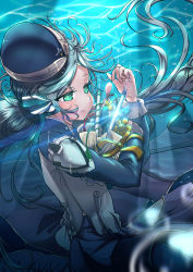 Rule 34 | 10s, 1girl, android, aqua eyes, blurry, carillus, commentary request, depth of field, hat, highres, hoshino yumemi, key (company), light rays, long hair, looking at viewer, planetarian, silver hair, smile, solo, submerged, underwater