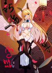 1girl, absurdres, azur lane, blonde hair, blue eyes, breasts, brown legwear, center opening, china dress, chinese clothes, dress, fan, folding fan, full body, gold trim, highres, holding, holding fan, huge filesize, large breasts, laurel crown, long hair, looking at viewer, mr-mc, new year, official alternate costume, pelvic curtain, short sleeves, solo, thighhighs, victorious (azur lane), victorious (guidance of the spring goddess) (azur lane), white footwear