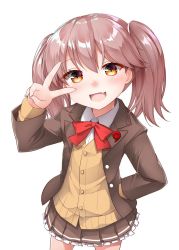 Rule 34 | 1girl, bad id, bad twitter id, blouse, bow, bowtie, brown hair, brown jacket, brown skirt, cardigan, collared shirt, commentary request, cosplay, fang, hair between eyes, hand on own hip, highres, jacket, kantai collection, kirigakure (kirigakure tantei jimusho), long hair, long sleeves, looking at viewer, magatama, open mouth, pleated skirt, red bow, red bowtie, ryuujou (kancolle), school uniform, shirt, simple background, skirt, solo, suzuya (kancolle), suzuya (kancolle) (cosplay), twintails, v, v over eye, white background, white shirt, yellow eyes
