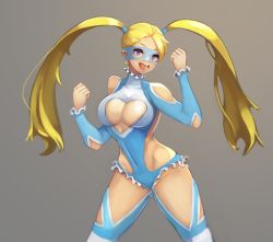Rule 34 | 1990s (style), 1girl, bad id, bad pixiv id, bare shoulders, blonde hair, blue eyes, breasts, cleavage, cleavage cutout, clenched hands, clothing cutout, covered navel, cowboy shot, frills, heart, heart cutout, large breasts, leotard, long hair, mask, no bra, notte, open mouth, rainbow mika, retro artstyle, revealing clothes, shoulder cutout, simple background, smile, solo, street fighter, street fighter zero (series), thighhighs, twintails