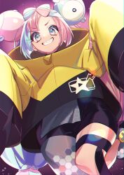 Rule 34 | 1girl, bike shorts, character hair ornament, commentary request, creatures (company), eyelashes, from below, game freak, grin, hair ornament, highres, iono (pokemon), jacket, leg up, long hair, mochitsuki kagami, nintendo, pink hair, pokemon, pokemon sv, sharp teeth, sleeves past fingers, sleeves past wrists, smile, solo, star (symbol), star print, teeth, thigh strap, twintails, yellow jacket