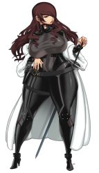 Rule 34 | 1girl, alternate costume, atlus, bodysuit, breasts, coat, curvy, drill hair, fur coat, hair over one eye, hand on hilt, high heels, huge breasts, johnrokk, kirijou mitsuru, leather, lips, long hair, megami tensei, off shoulder, persona, persona 3, persona 4, persona 4: the ultimate in mayonaka arena, plump, rapier, red eyes, red hair, sheath, sheathed, shin megami tensei, solo, standing, sword, taut clothes, twin drills, weapon