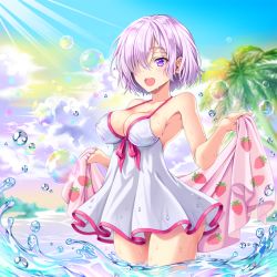Rule 34 | 1girl, armpits, bad id, bad pixiv id, bare arms, bare shoulders, blue sky, blush, breasts, bubble, cleavage, cloud, cloudy sky, collarbone, commentary request, cowboy shot, day, dress, fate/grand order, fate (series), food print, hair over one eye, holding, holding towel, horizon, impossible clothes, impossible dress, legs together, light rays, looking away, mash kyrielight, mash kyrielight (swimsuit of perpetual summer), medium breasts, ocean, official alternate costume, open mouth, outdoors, palm tree, pink ribbon, print towel, purple eyes, purple hair, ribbon, rock, short dress, short hair, sky, sleeveless, sleeveless dress, solo, sparkle, splashing, standing, strawberry print, sundress, sunlight, towel, tree, uchuu gorira, wading, water drop, wet, wet clothes, white dress