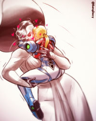 Rule 34 | 2girls, alcina dimitrescu, arms around neck, bang dacy, black headwear, blonde hair, breasts, capcom, closed eyes, colored skin, commentary, crossover, dress, english commentary, eyeshadow, grey hair, height difference, kiss, large breasts, large hat, leg lock, lifting person, long hair, makeup, metroid, metroid dread, multiple girls, nintendo, ponytail, power suit, resident evil, resident evil village, samus aran, tall female, white dress, white skin, yuri