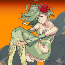 Rule 34 | 1990s (style), 1girl, bad id, bad pixiv id, bare shoulders, breasts, cleavage, detached sleeves, final fantasy, final fantasy iv, flower, green eyes, green hair, hair flower, hair ornament, highres, kaiseki, large breasts, hugging own legs, legs, long legs, matching hair/eyes, rydia (ff4), sitting, solo, thighs, wind