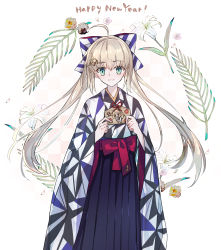 Rule 34 | 1girl, absurdres, ahoge, artoria caster (fate), artoria caster (springtime koto strings) (fate), artoria pendragon (fate), belt, blonde hair, blue kimono, blush, breasts, fate/grand order, fate (series), flower, green eyes, hair ornament, hakama, hakama skirt, highres, japanese clothes, kimono, long hair, long sleeves, looking at viewer, nayu tundora, open mouth, red belt, sash, skirt, small breasts, smile, solo, twintails, white flower, wide sleeves