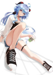 Rule 34 | 1girl, absurdres, ahoge, alternate costume, bell, black choker, black footwear, black horns, black shirt, blue hair, blue shorts, choker, commentary request, contemporary, cup, cutoff jeans, cutoffs, disposable cup, drinking straw, ganyu (genshin impact), genshin impact, goat horns, hair between eyes, highres, holding, holding cup, horns, light smile, low ponytail, lumo 1121, neck bell, purple eyes, shadow, shirt, shirt under shirt, shoes, short shorts, shorts, sidelocks, sitting, sneakers, solo, thigh strap, untied shoe, white background, white shirt