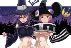 Rule 34 | 2girls, blair (soul eater), breast press, breasts, cat girl, detached sleeves, hat, highres, large breasts, long hair, looking at viewer, mizune (soul eater), moon, mouse girl, multiple girls, navel, one eye closed, pink hair, purple hair, short hair, sleeves past wrists, smile, soul eater, stomach, t3x, underboob, wink, witch hat, yellow eyes