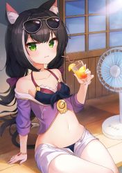 Rule 34 | 1girl, 2drr, animal ear fluff, animal ears, bare shoulders, bikini, black hair, blue bikini, blush, bow, breasts, cat ears, cat girl, cat tail, commentary request, crazy straw, cup, drinking glass, drinking straw, electric fan, eyewear on head, green eyes, hair between eyes, hair bow, hand up, highres, holding, holding cup, jacket, karyl (princess connect!), karyl (summer) (princess connect!), long hair, looking at viewer, low twintails, multicolored hair, off shoulder, open clothes, open fly, open shorts, parted lips, princess connect!, purple bow, purple jacket, short shorts, short sleeves, shorts, sitting, small breasts, solo, streaked hair, sunglasses, sweat, swimsuit, tail, twintails, veranda, very long hair, white hair, white shorts