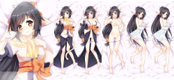 Rule 34 | 1girl, absurdly long hair, ainu clothes, akuma (4264943), animal ears, aquaplus, ass, bare arms, bare hips, bare legs, bare shoulders, barefoot, bed sheet, black hair, blush, breasts, breasts out, cat tail, cleft of venus, closed mouth, collarbone, dakimakura (medium), dress, from above, from side, full body, gradient eyes, hair between eyes, hair ornament, highres, kuon (utawarerumono), large breasts, layered sleeves, long hair, long legs, long sleeves, looking at viewer, lying, midriff, midriff peek, multicolored eyes, navel, nipples, nose blush, on back, on side, open clothes, open dress, open mouth, orange eyes, panties, panties around leg, ponytail, pussy, raised eyebrows, scarf, sidelocks, smile, solo, swept bangs, tail, towel, uncensored, underwear, utawarerumono, utawarerumono: itsuwari no kamen, very long hair, white tail, yellow eyes, yellow scarf