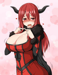 Rule 34 | 10s, 1girl, blush, breasts, cleavage, demon girl, dress, embarrassed, fingers together, horns, huge breasts, index fingers together, long hair, maou (maoyuu), maoyuu maou yuusha, nervous, open mouth, red eyes, red hair, revision, solo, sweat, sweatdrop, tears, trembling, zaxwu