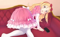 Rule 34 | 10s, 1girl, all fours, ass, bad id, bad pixiv id, blonde hair, blush, bow, brown eyes, dress, eromanga sensei, hair bow, hair ornament, hairband, handheld game console, indoors, knees together feet apart, lolita fashion, long hair, looking at viewer, looking back, no shoes, open mouth, pointy ears, red bow, red hairband, rikorin, solo, thighhighs, white thighhighs, yamada elf