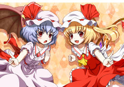 Rule 34 | 2girls, :o, argyle, argyle background, argyle clothes, ascot, asymmetry, bat wings, blonde hair, blue hair, fangs, female focus, flandre scarlet, hat, highres, index finger raised, mount whip, multiple girls, nail polish, open mouth, pointing, red eyes, remilia scarlet, short hair, siblings, side ponytail, sisters, smile, touhou, wings