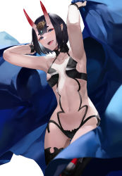 Rule 34 | 1girl, armpits, arms up, bare shoulders, blazpu, blush, bob cut, breasts, bridal gauntlets, collarbone, eyeliner, fate/grand order, fate (series), headpiece, highres, horns, looking at viewer, makeup, navel, oni, open mouth, pointy ears, purple eyes, purple hair, revealing clothes, short hair, shuten douji (fate), skin-covered horns, small breasts, smile, solo, thighs