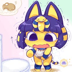 Rule 34 | 1girl, :3, animal crossing, animal ears, ankha (animal crossing), arm up, bare shoulders, bathroom, between legs, blonde hair, blue eyes, blue fur, blue hair, blunt bangs, blush, bob cut, body fur, bottomless, cat ears, cat girl, cat tail, chibi, embarrassed, empty eyes, fang, female focus, flat chest, full body, furry, furry female, hair ornament, hand between legs, have to pee, indoors, jaggy lines, japanese text, legs, lowres, multicolored hair, nintendo, nose blush, oekaki, open mouth, outstretched arm, pee, peeing, peeing self, pitcher (container), puddle, shinogo~, shirt, short hair, sidelocks, skin fang, sleeveless, sleeveless shirt, snake hair ornament, solo, standing, steam, striped tail, sweat, sweatdrop, tail, tears, toilet, translated, two-tone fur, two-tone hair, urine meter, usekh collar, wet, wet clothes, white shirt, wide-eyed, yellow fur