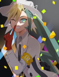 Rule 34 | 1girl, arm behind back, black necktie, buttons, collared shirt, commentary request, confetti, creatures (company), electric miku (project voltage), eyelashes, game freak, genjitsu o miro, gloves, green eyes, green hair, grin, hand up, hat, hatsune miku, highres, index finger raised, long hair, long sleeves, looking at viewer, necktie, nintendo, one eye closed, pokemon, project voltage, red gloves, shirt, smile, solo, teeth, upper body, vocaloid, white hat