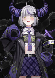 Rule 34 | 1girl, absurdres, ahoge, august., black background, black coat, black horns, choker, coat, collared shirt, commentary request, cowboy shot, cropped shirt, ear piercing, grey hair, hand on own hip, hand up, highres, hololive, horns, la+ darknesss, la+ darknesss (casual), looking at viewer, looking down, midriff, multicolored hair, necktie, open clothes, open coat, open mouth, piercing, plaid, plaid skirt, pointy ears, purple choker, purple hair, purple necktie, purple skirt, shirt, short hair, simple background, skirt, sleeves past fingers, sleeves past wrists, slit pupils, smile, solo, straight-on, streaked hair, tongue, virtual youtuber, white shirt, yellow eyes