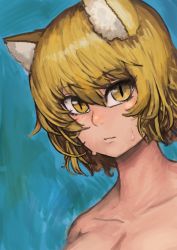 Rule 34 | 1girl, absurdres, animal ears, blonde hair, blue background, blush, breasts, chanta (ayatakaoisii), cleavage, closed mouth, collarbone, fox ears, highres, huge filesize, looking at viewer, nose blush, nude, portrait, short hair, simple background, slit pupils, solo, sweat, touhou, yakumo ran, yellow eyes