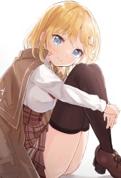 Rule 34 | 1girl, blonde hair, blue eyes, cloak, hair ornament, high-waist skirt, highres, hololive, hololive english, looking at viewer, necktie, ogura (sao no), plaid, plaid skirt, short hair, simple background, sitting, skirt, smile, solo, thighhighs, virtual youtuber, watson amelia, white background, zettai ryouiki