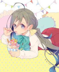 Rule 34 | 1girl, ahoge, blue hair, colis, food, frilled pillow, frills, grey hair, hair between eyes, ice cream, kantai collection, kiyoshimo (kancolle), long hair, long sleeves, low twintails, lying, on stomach, pillow, school uniform, shirt, solo, spoon, string of flags, twintails, twitter username, upper body, very long hair, white shirt