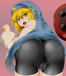 Rule 34 | 1boy, arc system works, artist request, ass, bike shorts, blonde hair, blush, bridget (guilty gear), bulge, embarrassed, fingerless gloves, from behind, gloves, green eyes, guilty gear, guilty gear strive, hood, huge ass, looking at viewer, looking back, open mouth, shiny clothes, shiny skin, short hair with long locks, short shorts, shorts, solo, sweatdrop, trap, yo-yo