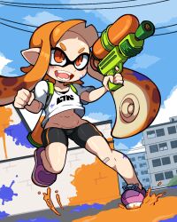 Rule 34 | 1girl, average-hanzo, bandaid, bandaid on knee, bandaid on leg, bike shorts, black shorts, clenched hand, collarbone, commentary, english commentary, foot up, forehead, full body, gun, highres, holding, holding gun, holding weapon, inkling, inkling girl, inkling player character, navel, nintendo, open mouth, orange hair, outdoors, purple footwear, shirt, short shorts, short sleeves, shorts, solo, splatoon (series), splatoon 1, splattershot (splatoon), standing, standing on one leg, teeth, tentacle hair, thick eyebrows, weapon, white shirt