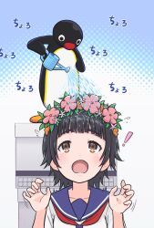 Rule 34 | !, 1boy, 1girl, a certain high school uniform, alternate height, bird, black hair, blue sailor collar, blunt bangs, breasts, brown eyes, d:, emperor penguin, flower, flower hairband, flying sweatdrops, hands up, head wreath, highres, holding, holding watering can, indoors, light blush, looking at another, looking up, medium eyebrows, neckerchief, open mouth, penguin, pingu, pingu (series), pink flower, red neckerchief, sailor collar, school uniform, shinbo etoka, short hair, size difference, small breasts, toaru kagaku no railgun, toaru majutsu no index, translated, uiharu kazari, upper body, watering, watering can