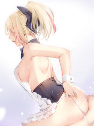 Rule 34 | 1girl, apron, ass, azur lane, back, bare shoulders, black bow, black corset, blonde hair, bow, breasts, corset, covered erect nipples, hair bow, hair over eyes, high ponytail, highres, large breasts, lips, long hair, maya g, multicolored hair, nape, nearly naked apron, open mouth, richmond (azur lane), sideboob, simple background, sitting, smile, solo, strap pull, thighs, white apron, white background