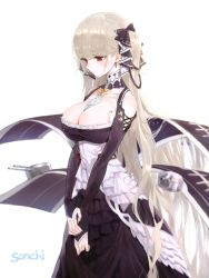 Rule 34 | 1girl, absurdres, artist name, azur lane, between breasts, black bow, black dress, black nails, black ribbon, bow, breasts, cleavage, dress, earrings, formidable (azur lane), frilled dress, frills, grey hair, hair bow, hair ribbon, highres, jewelry, large breasts, long hair, long sleeves, nail polish, red eyes, ribbon, simple background, solo, sonchi, standing, turret, twintails, two-tone dress, very long hair, white background