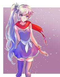 Rule 34 | 1girl, blue eyes, dress, earrings, highres, iesupa, jewelry, long hair, necklace, ponytail, rwby, scar, scar across eye, scar on face, scarf, side ponytail, solo, strapless, strapless dress, thighhighs, tiara, weiss schnee, white hair