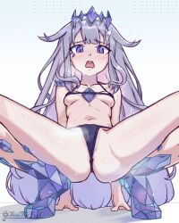 Rule 34 | 1girl, bare shoulders, bikini, blush, breasts, crystal, gem, grey hair, highres, hololive, hololive english, koseki bijou, long hair, micro bikini, navel, open mouth, purple eyes, simple background, small breasts, solo, spread legs, stomach, sweat, swimsuit, tiara, tomthefool, tomthefool64, very long hair, virtual youtuber