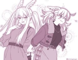 Rule 34 | 2girls, absurdres, alternate hairstyle, belt, blush, breasts, dress, fate/grand order, fate (series), fur-trimmed jacket, fur trim, greyscale, head wings, highres, hildr (fate), holding hands, jacket, jewelry, large breasts, long hair, long sleeves, looking at viewer, mitsurugi sugar, monochrome, multiple girls, necklace, open clothes, open jacket, sidelocks, skirt, smile, sweater, thrud (fate), twintails, valkyrie (fate), wings