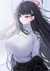 Rule 34 | 1girl, black hair, blue archive, blunt bangs, blush, breasts, bright pupils, floating hair, hair ornament, hairclip, halo, highres, huge breasts, long hair, long sleeves, red eyes, rio (blue archive), solo, sweater, turtleneck, turtleneck sweater, very long hair, white pupils, white sweater, yuki (asayuki101)