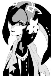 Rule 34 | 1girl, fish girl, from side, greyscale, looking at viewer, mipha, monochrome, nintendo, sakurai muto, simple background, solo, the legend of zelda, the legend of zelda: breath of the wild, white background, zora
