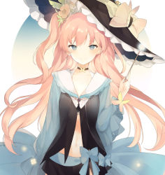 Rule 34 | 1girl, black skirt, blue eyes, blush, closed mouth, dress, gown, hand up, hat, holding, long hair, long sleeves, looking at viewer, lpip, navel, one side up, original, pink hair, simple background, skirt, smile, solo, wand, wavy hair, white background, witch hat