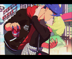 Rule 34 | 1990s (style), 2boys, anime coloring, arms around neck, bae (baebae), bag, blue eyes, blue hair, can, earrings, galo thymos, green hair, handbag, holding, holding can, hood, hoodie, jewelry, kiss, letterboxed, lio fotia, multiple boys, outdoors, promare, retro artstyle, short hair, trap, yaoi