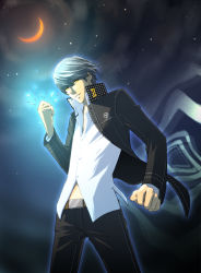 Rule 34 | 1boy, atlus, bad id, bad pixiv id, belt, clenched hand, clenched hands, collared shirt, crescent moon, crushing, dark persona, grey hair, jacket, looking at viewer, loose clothes, loose shirt, male focus, mnoon, moon, narukami yuu, oh-10, pants, persona, persona 4, school uniform, shadow (persona), shirt, short hair, smile, solo, standing, yellow eyes