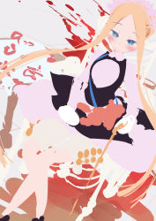 Rule 34 | 1girl, abigail williams (fate), black footwear, blonde hair, bloomers, blue eyes, blush, closed mouth, cluseller, crossed legs, cup, dress, drink, dutch angle, fate/grand order, fate (series), female focus, flat chest, forehead, half-closed eyes, happy, holding, long hair, long sleeves, looking down, maid, maid headdress, pouring, saucer, shoes, sidelocks, sketch, smile, solo, tea, teacup, underwear, very long hair, white dress