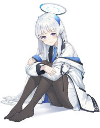 Rule 34 | 1girl, black pantyhose, blue archive, blue necktie, blush, closed mouth, collared shirt, feet, fine fabric emphasis, formal, full body, grey hair, halo, highres, hugging own legs, isegawa yasutaka, jacket, knees up, legs, long hair, long sleeves, mechanical halo, necktie, no shoes, noa (blue archive), pantyhose, pleated skirt, purple eyes, shirt, simple background, skirt, smile, solo, suit, toes, two-sided fabric, two-sided jacket, white background, white jacket, white shirt, white skirt