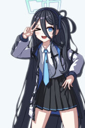 Rule 34 | &gt; o, 1girl, ;d, absurdres, aris (blue archive), black hair, black hairband, black skirt, blue archive, blue eyes, blue necktie, blush, collared shirt, commentary request, grey background, hairband, halo, hand up, highres, jacket, long hair, long sleeves, looking at viewer, necktie, one eye closed, one side up, open clothes, open jacket, open mouth, pleated skirt, puffy long sleeves, puffy sleeves, shirt, simple background, skirt, smile, solo, standing, stratosphere (coom1017), v, very long hair, white jacket, white shirt