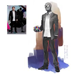 Rule 34 | 1boy, black gloves, collared shirt, formal, gloves, holding, jacket, marvel, mask, mim, nicolas cage, photo-referenced, real life, rubik&#039;s cube, shirt, shoes, simple background, spider-man: into the spider-verse, spider-man (series), spider-man noir, spider-verse, standing, suit, suit jacket, superhero costume, voice actor, white background