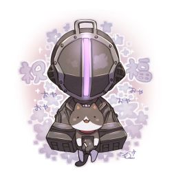 Rule 34 | . ., 1boy, animal, bandam, black cat, black coat, black gloves, bondrewd, cat, chibi, coat, commentary request, covered face, facing viewer, flower, gauntlets, gloves, helm, helmet, highres, holding, holding animal, holding cat, made in abyss, male focus, signature, solo, sparkle, straight-on, translation request, upper body, white cat