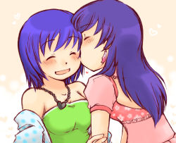 Rule 34 | 2girls, alice ip, blue hair, blush, breasts, cleavage, closed eyes, couple, dance dance revolution, dress, earrings, jewelry, kiss, kissing cheek, long hair, multiple girls, necklace, purple eyes, short hair, small breasts, souhara, strapless, strapless dress, toshiba emi, yuri