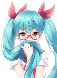 Rule 34 | 1girl, blue eyes, blue hair, blush, bow, glasses, hair between eyes, hair bow, hair over mouth, hatsune miku, highres, holding, holding own hair, long hair, mk82 (hoonsyh), neckerchief, red-framed eyewear, red bow, red neckerchief, shirt, short sleeves, solo, twintails, upper body, very long hair, vocaloid, white shirt