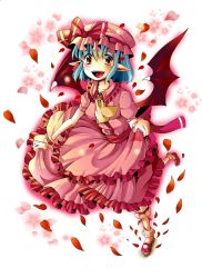 Rule 34 | 1girl, ascot, bad id, bad pixiv id, blue hair, bow, collarbone, demon wings, female focus, frilled socks, frills, fumiko (miruyuana), hat, hat bow, highres, jewelry, open mouth, petals, pointy ears, red eyes, remilia scarlet, short hair, socks, solo, touhou, wings, wrist cuffs