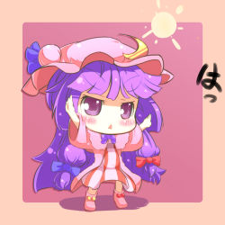 Rule 34 | 1girl, border, chibi, crescent, energy ball, female focus, hat, long hair, mintmochi (artist), mochinabe, outstretched arms, patchouli knowledge, purple eyes, purple hair, solo, striped, touhou, translation request, vertical stripes
