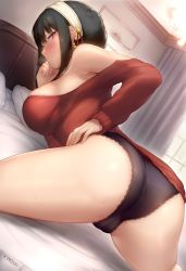 Rule 34 | 1girl, all fours, artist name, ass, bed, bed sheet, bedroom, black hair, black panties, blush, breasts, breath, cameltoe, earrings, female focus, from behind, gold earrings, hairband, highres, jewelry, kimoshi, large breasts, long hair, looking at viewer, looking back, no pants, off-shoulder sweater, off shoulder, on bed, panties, parted lips, pillow, red eyes, red sweater, short hair with long locks, sidelocks, solo, spy x family, sweater, thighs, underwear, white hairband, yor briar