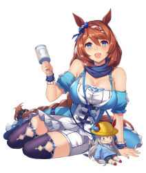 Rule 34 | 1girl, arm support, bandana, bare shoulders, blue bow, blue eyes, blue nails, blush, bow, braid, braided ponytail, breasts, brown hair, character doll, cleavage, detached sleeves, dress, ear bow, hair ornament, hair scrunchie, holding, holding rattle, horse girl, large breasts, layered dress, long hair, nail polish, open mouth, purple thighhighs, rattle, scrunchie, simple background, sitting, smile, solo, super creek (umamusume), tamamo cross (umamusume), teeth, thighhighs, umamusume, upper teeth only, very long hair, vococo, white background, wrist cuffs, yokozuwari