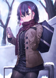 Rule 34 | 1girl, bag, bare tree, black hair, black pantyhose, blue bag, blush, breath, brown jacket, cellphone, closed mouth, cold, earrings, grey skirt, hair between eyes, highres, holding, holding phone, ibuki notsu, jacket, jewelry, looking at viewer, medium hair, multicolored hair, open clothes, open jacket, original, outdoors, pantyhose, phone, pink hair, plaid, plaid skirt, purple eyes, purple hair, railing, red scarf, scarf, school bag, skirt, sleeves past wrists, snow, solo, streaked hair, tree, winter clothes